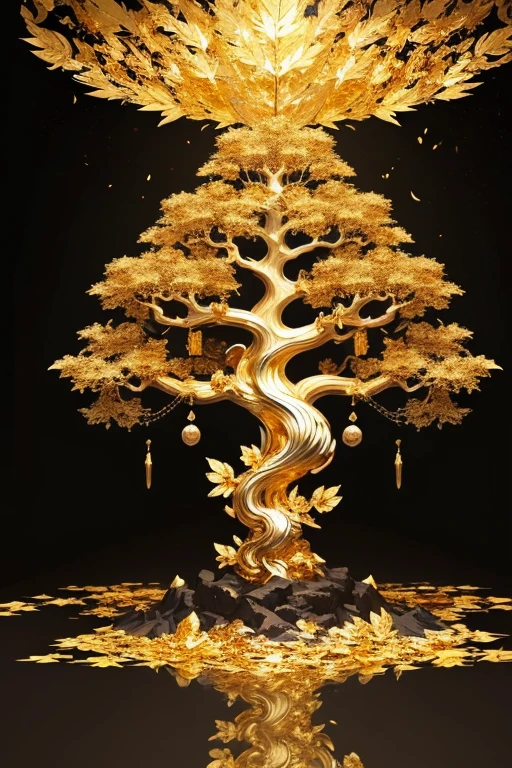 (Gold leaf art:1.5)，The black and gold-rimmed Bodhi tree fell from the sky, Dunhuang murals as background, minimalist, line art, From front and center to the ghostly smoke, Transition from entity to ghost, clever, strong yet calm, Rich in details, Psychedelic, extremely good, drama, Chinese ancient style, style, ink painting, fantasy, surreal, ethereal