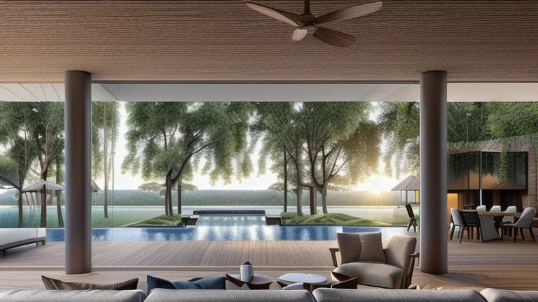 a rendering of a living room with a ceiling fan and a pool, detailed rendering, 2 d render, rendering, conceptual rendering, 3 d rendering, 3d rendering, next to a tropical pool, 3 d perspective, green terrace, architectural render, concept house, 3 d render, 3d render, digital rendering, architectural rendering, conceptual, perspective view