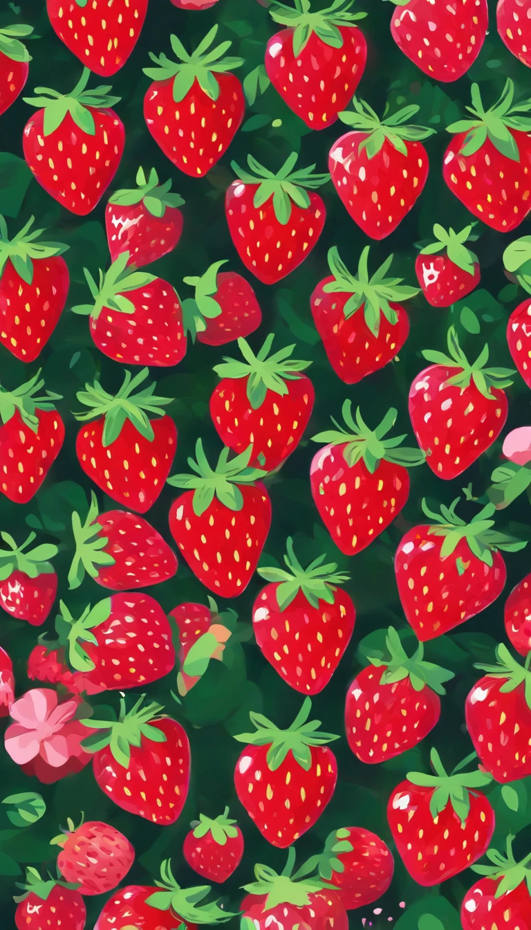 Strawberry pattern, 1 background color, pink and red color palette, flat color, flat art illustration, without realistic texture, no realistic texture, no detailed textures, minimalist pattern, berries, pattern for Smart phone background lock screen, simple, minimalist pattern, minimalist locks screen wallpaper