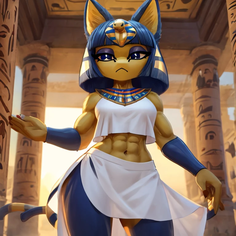 a digital artwork of ankha with abs wearing a crop top of her white sleeveless dress with a white skirt, a bare midriff and a bare navel