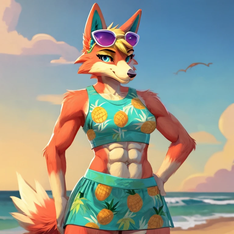 a digital artwork of audie with abs wearing a crop top of her turquoise and pineapple sleeveless dress with a turquoise and pineapple skirt, a bare midriff and a bare navel , she has sunglasses on her forehead