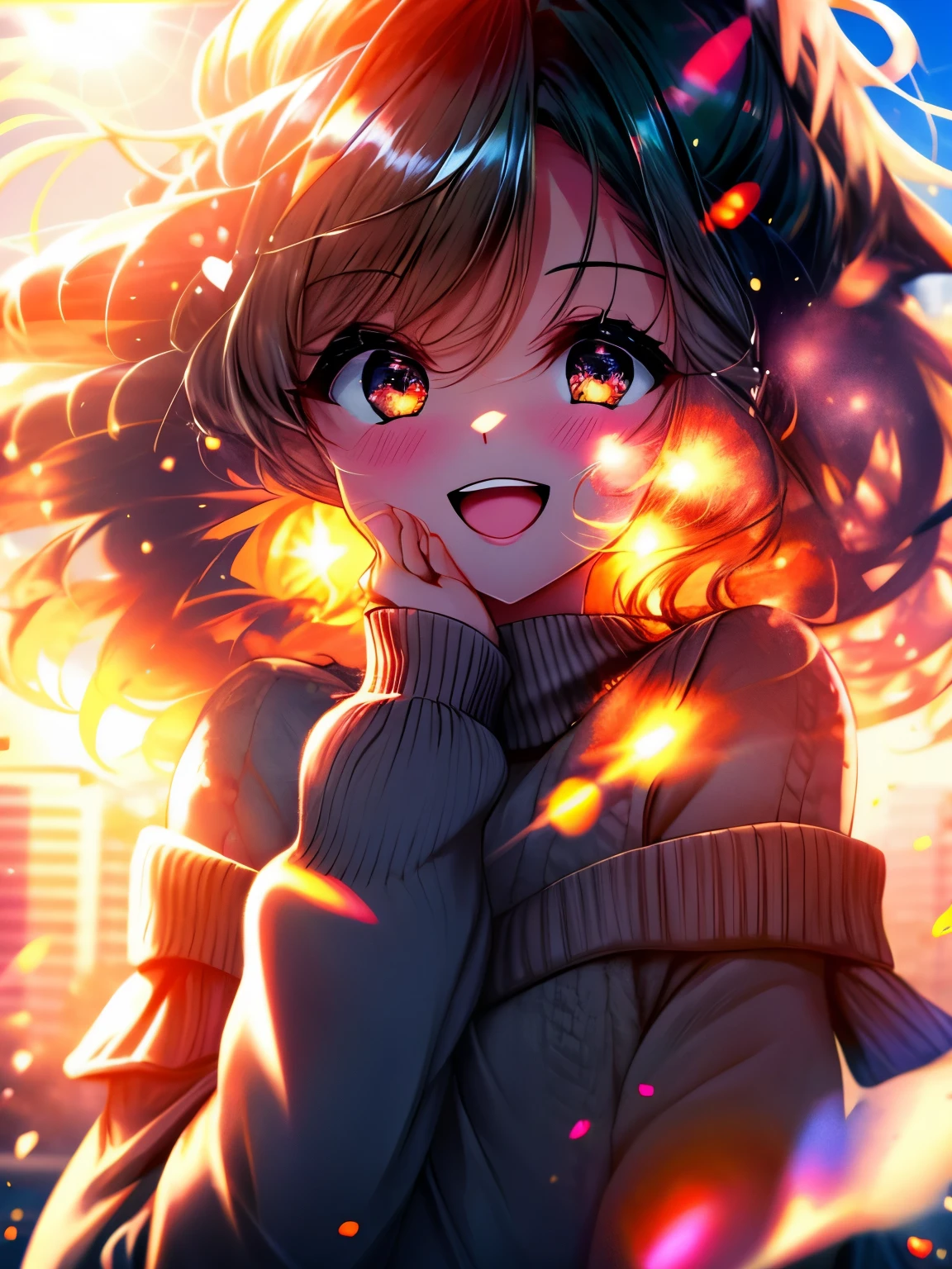 girl, off shoulder sweater, Upper body, (great laugh:1.1), (open your mouth:1.1), (wide open eyes:1.2), glare of the sun, Bokeh, Depth of the bounds written, blurred background, particles of light, strong wind, (heart particles:1.1)