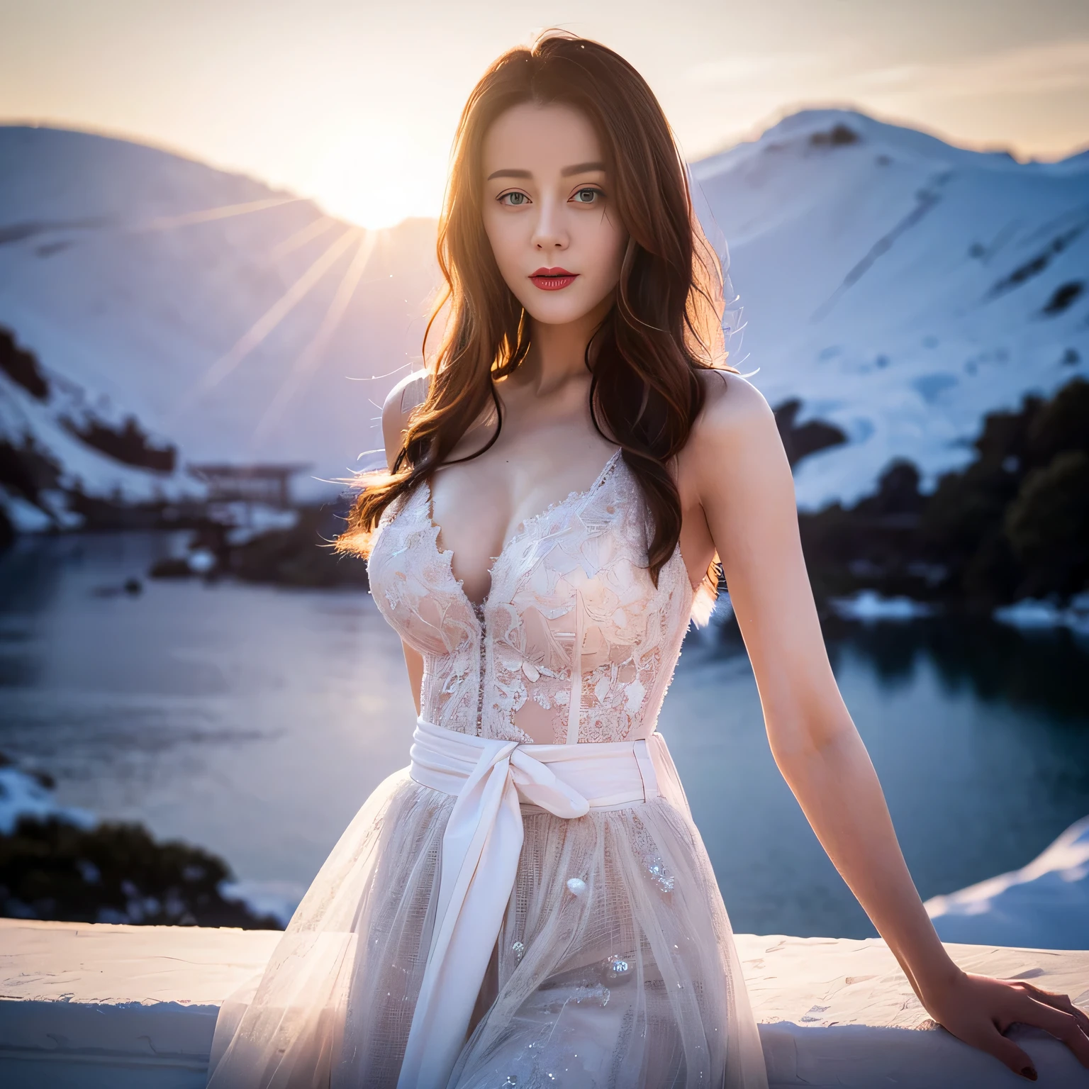 ((top quality、8K、Masterpiece:1.3))、Extremely delicate beautiful girl,full-body shot,huge breasts,bigger breasts,amazing breast size,G cup。Wear big earrings,Very white skin,moist red lips,Waist is very thin,Thighs are very thin,big ass,fair and smooth skin,Smooth and fair skin,flawless skin,Fair and shiny skin,Cold white skin,The camera focuses on the chest,exposed her breasts,exposed,bright light,White lace dress,Lower body exposed,bare shoulders,light pink hair,The hair is light pink,blizzard,snow mountain,Sunset,lake