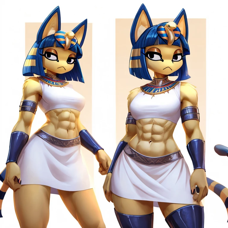 a digital artwork of ankha with abs wearing a crop top of her white sleeveless dress with a white skirt, a bare midriff and a bare navel 