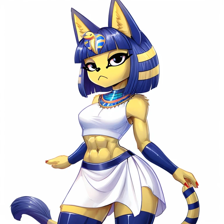 sideview of an attractive ankha with rock hard abs, a bare midriff, and a bare navel wearing a crop top sleeveless white dress with white long dress skirt, Egyptian setting, digital artwork, cat, cat tail, cat whiskers, anthro style, digital artwork 