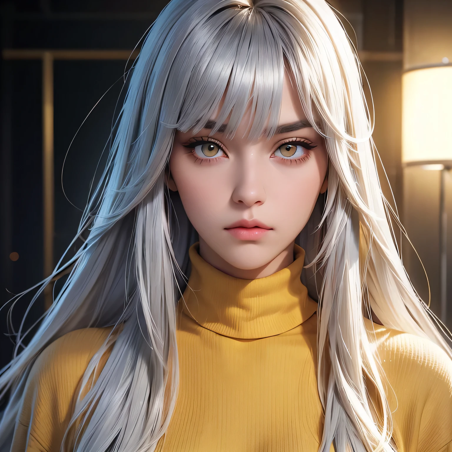 1girl, semi-realistic, silver hair color, long hair,side bangs, gold yellow eyes color, monolid eyes, beautiful pretty lady, turtleneck shirt, an outer, upper body, straight face, cold stares, sharp eyes, wides lens, zoom out, looking at viewer, photo studio