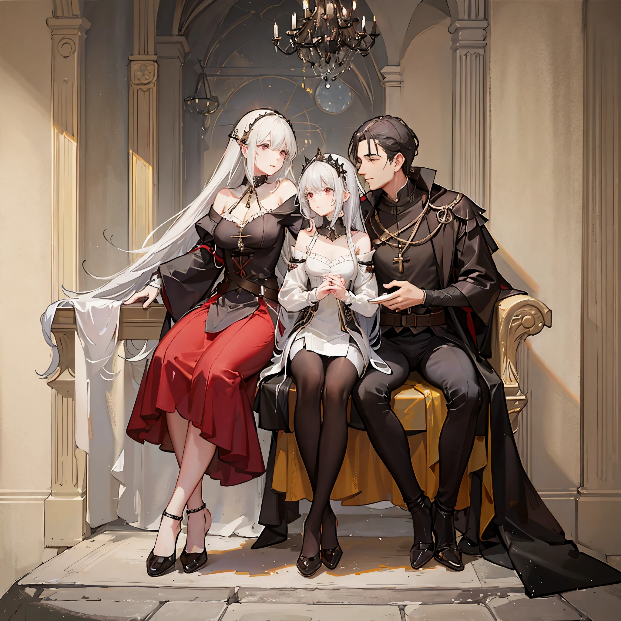 A black-haired noble man sitting with his white-haired wife and is like a medieval European painting.