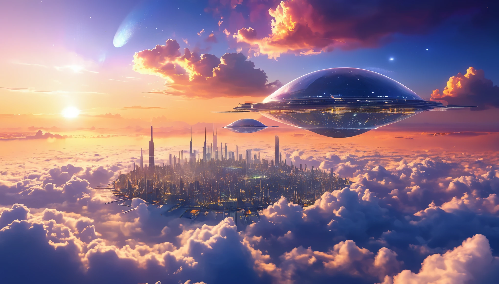 Picture a city floating above the clouds, inhabited by people living in harmony with the universe, with technology that allows them to explore distant galaxies, sunset