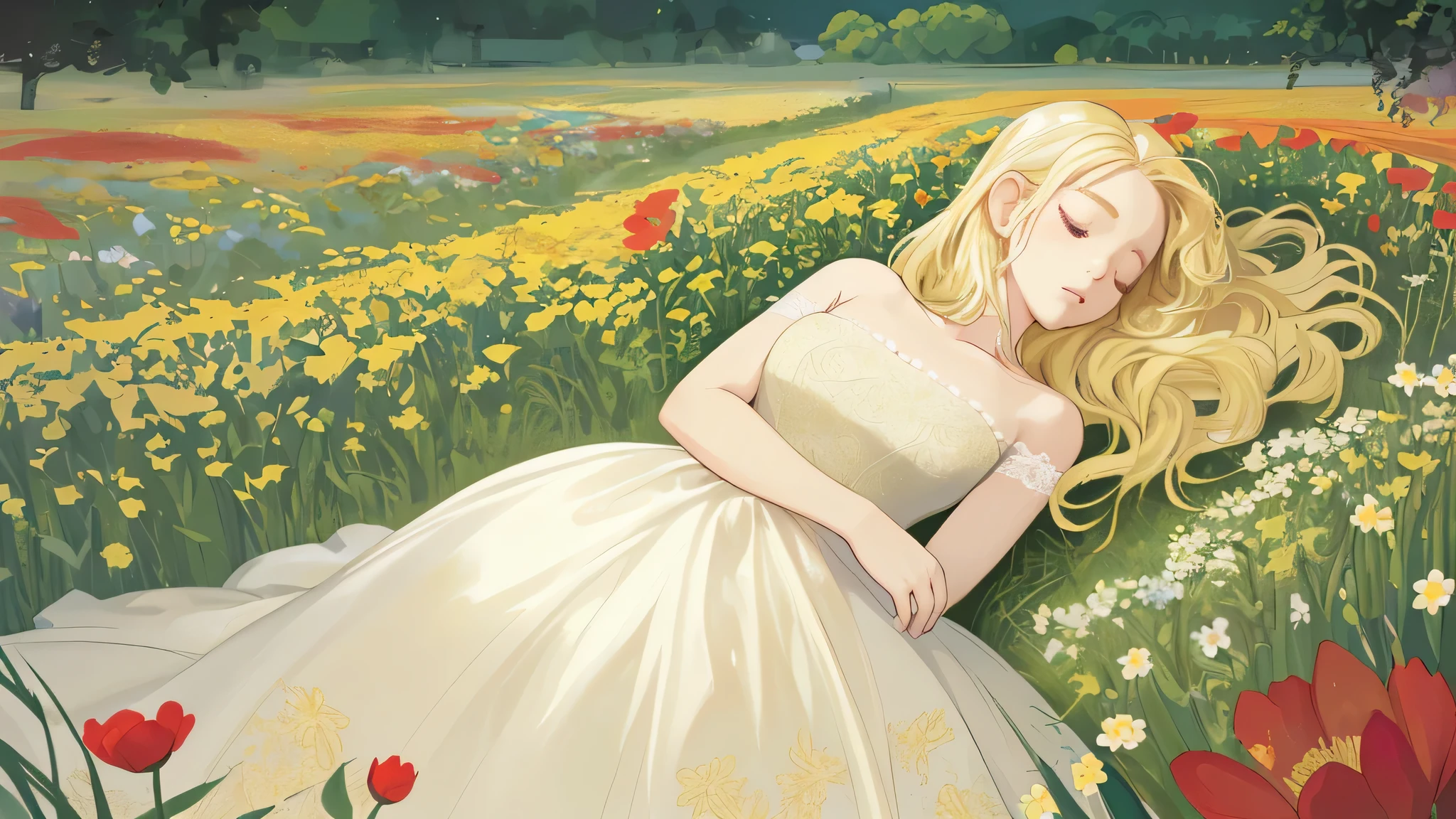 Blonde girl sleeping in a flower field. She is wearing a ball gown dress.