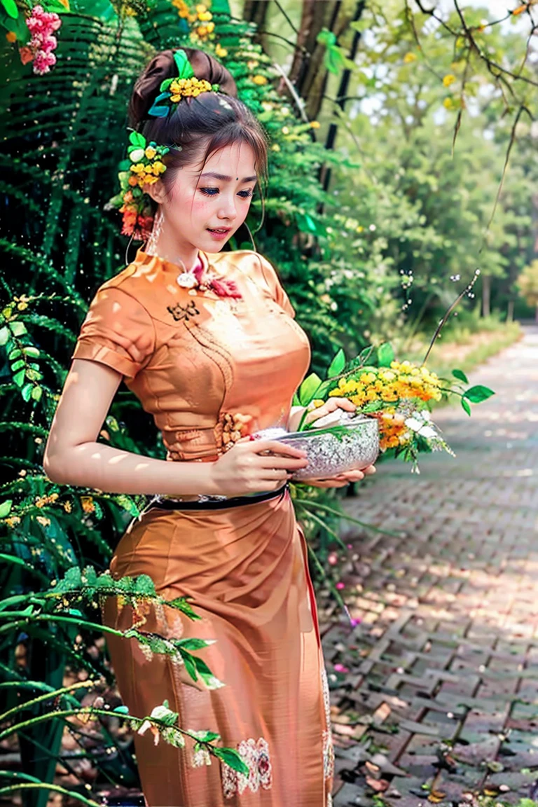 Burma's long-lasting body is full of sensuality, and the beauty of the body outline is too revealing. The long skirt she wears highlights her high hips. The beauty under the dress is so beautiful that the eye can see. She wears bright yellow flowers, smiles and water.