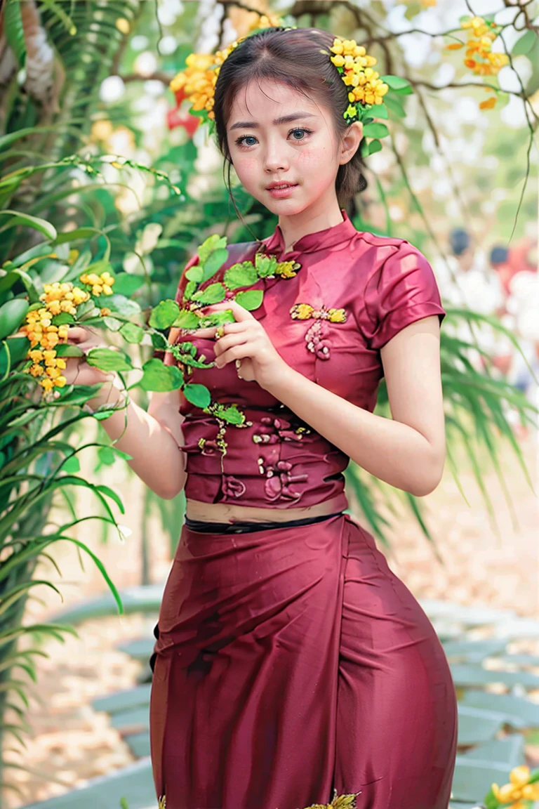 Burma's long-lasting body is full of sensuality, and the beauty of the body outline is too revealing. The long skirt she wears highlights her high hips. The beauty under the dress is so beautiful that the eye can see. She wears bright yellow flowers, smiles and water.