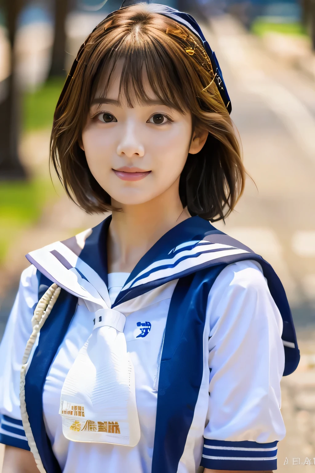 highest quality, masterpiece, high detail, 16K quality, beautiful , light brown short cut hair, Light brown beautiful eyes, high school girl uniform, (sailor suit:1.5), Voluptuous big breasts, she is looking at the camera, Enchanted expression, (Sexy poses at school:1.2),shy smile