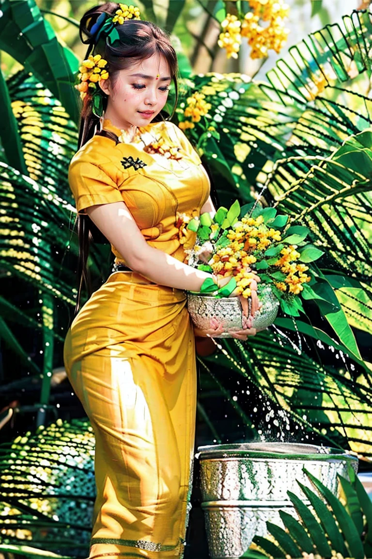 Burma's long-lasting body is full of sensuality, and the beauty of the body outline is too revealing. The long skirt she wears highlights her high hips. The beauty under the dress is so beautiful that the eye can see. She wears bright yellow flowers, smiles and water.