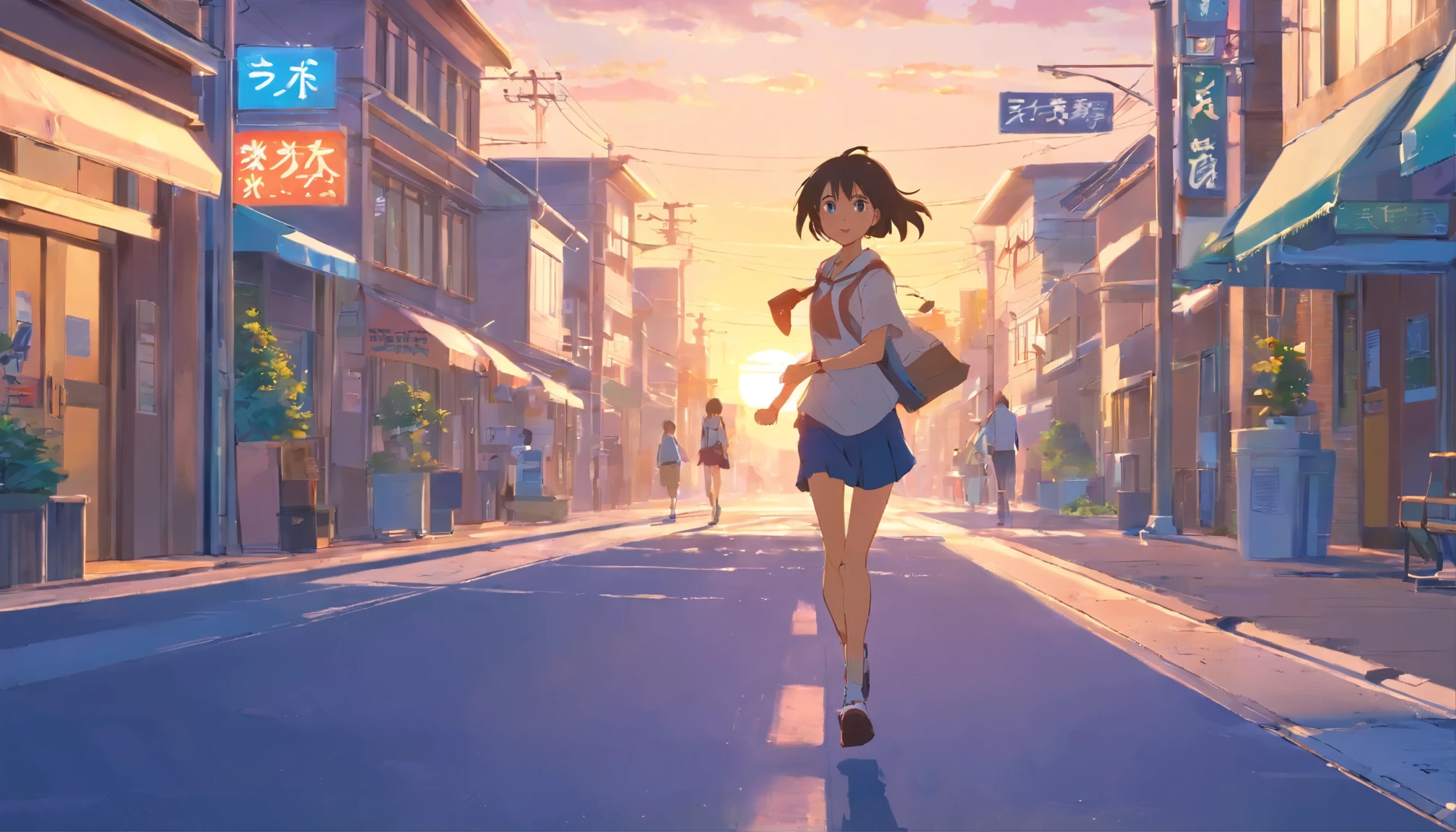 In town、A high school girl is going to be late、Running、 A style reminiscent of Japanese manga, In 8K