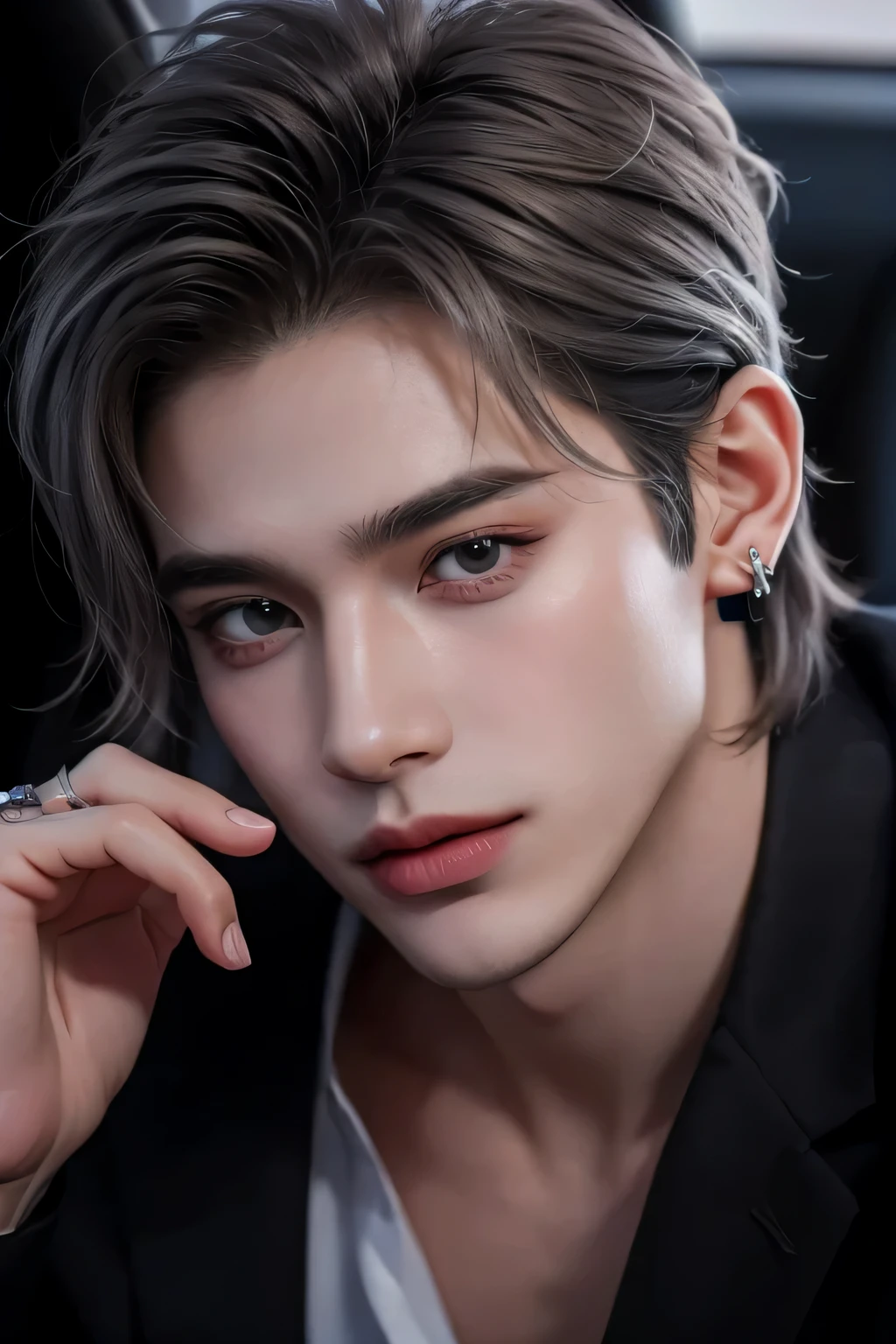 ((highest quality, 8K, masterpiece: 1.3)),Handsome host boy:1.5, 20-year-old、Delinquent boy、 Upper body、well-groomed face, silver hair color、thin face、Confident visuals、(white skin:1.5)、Look straight at me with your eyes looking up、Bad smile、hand near face、silver eyes、boy with makeup、Super handsome、Extra-fine face, handsome nose, small eyes and face, beautiful lighting, High resolution, detailed mouth, smile, whole body: 1.5, perfect body shape、slim,Midial Hair、pointed hair set、suit、Chrome Hearts Silver Earrings、Pause
