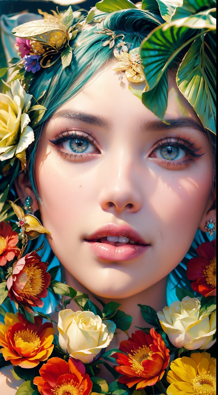 there is a woman with a flower crown on her head, imagem de arte digital, Arte bonita UHD 4K, bela arte digital, mulher da beleza, digital illustation, pintura digital elegante, linda arte digital linda, rosto bonito fotorrealista, arte digital impressionante, pintura digital brilhante, Arte digital, mulher da beleza com rostos detalhados, lindo arte digital, em estilo de pintura digital