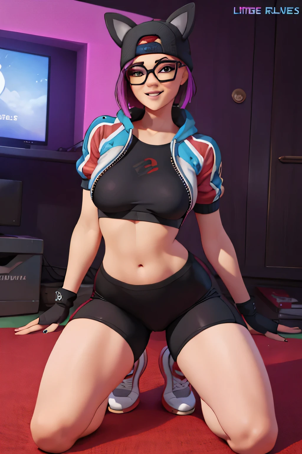 Leggins negros lince con chaqueta negra con gris, videojuegos, piernas cruzadas, tenis converse, sonriendo, guantes sin dedos con gafas
