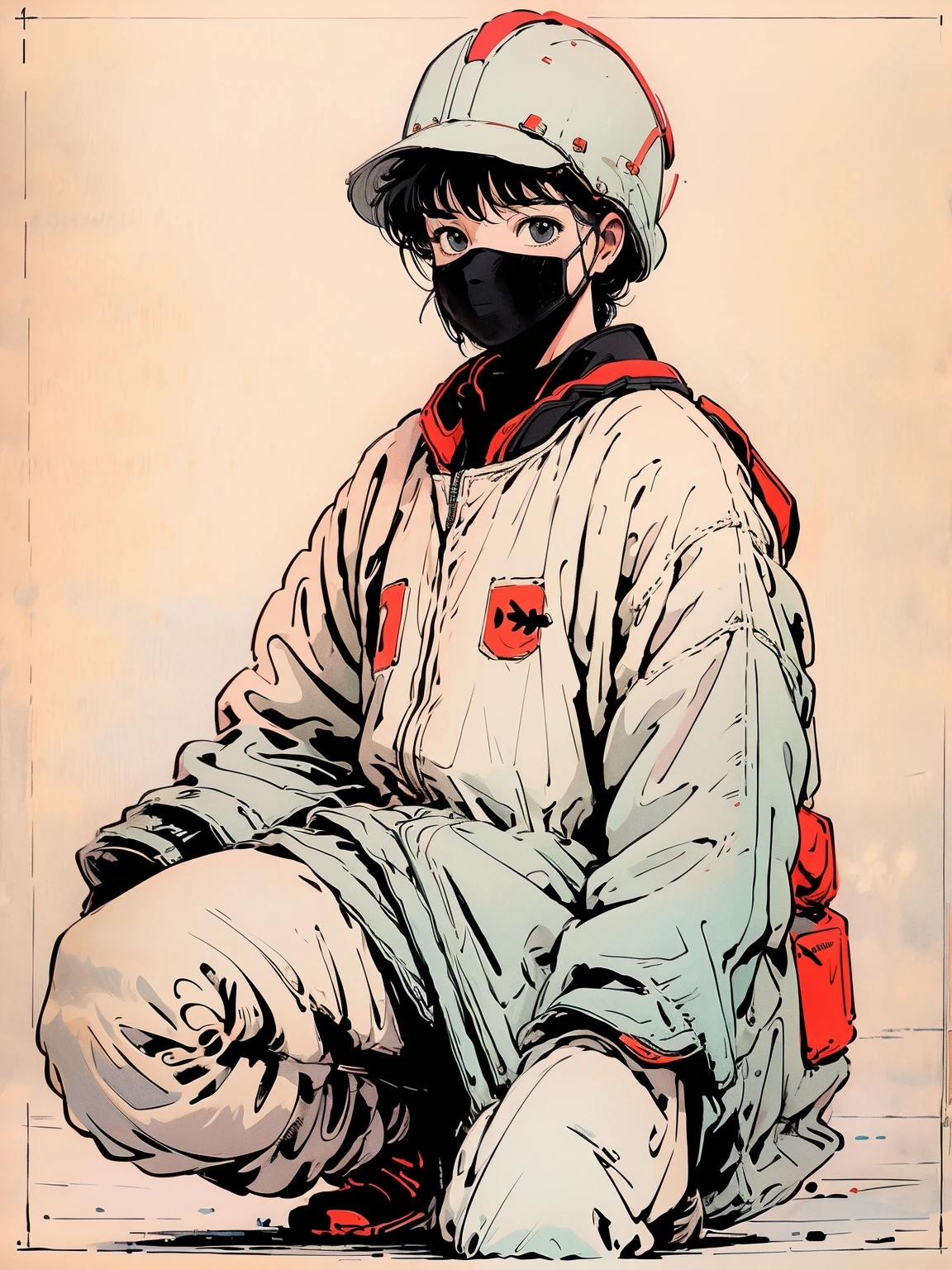 (ultra detailed,ultra high res,detailed background),((2D)),((flat color)),((muted color)), 1solo, looking at viewer, white hazmat suit, (big red galoshes), plush collar, full body image, square helmet