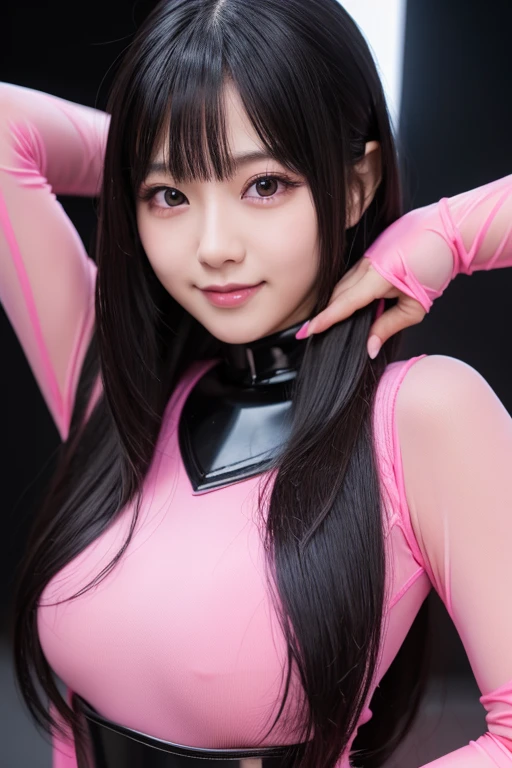 japanese girl, 20-year-old, dark makeup, detailed face, long hair, black hair, beautiful eyes, realistic, close up face, smile, sexy pose, Wearing pink rubber tights, long sleeve, rubber gloves, 8K, cinematic, sexy girl nsfw