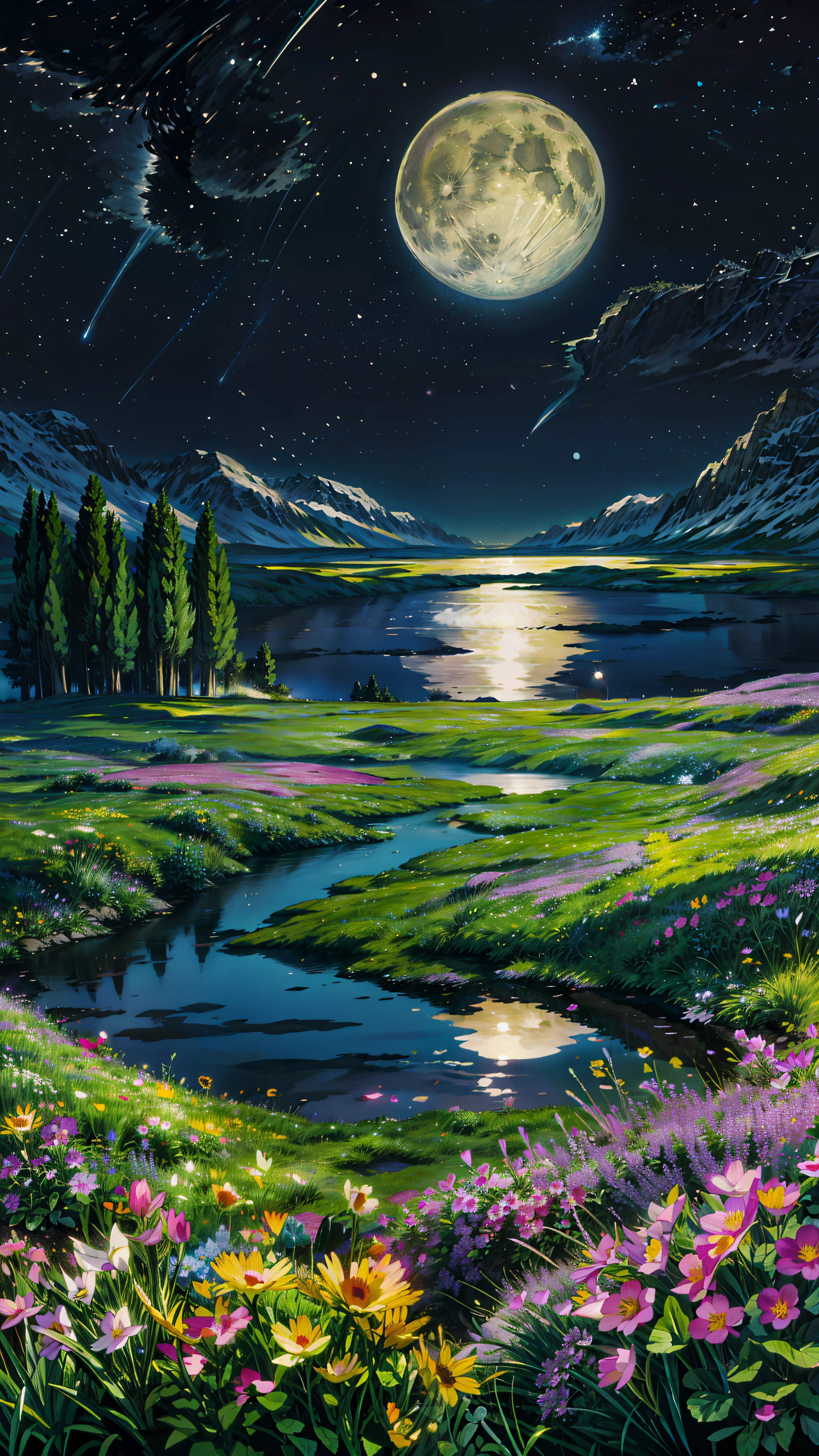 a full moon rises over a field of flowers, moonlight shining on wildflowers, beautiful moon light, full moon background, beautiful moonlight night, yellowish full moon, nighttime nature landscape, field of flowers at night, atmospheric full moon, moonlit night dreamy atmosphere, sandy white moon landscape, night sky full of flowers, beautiful moonlight, stunning moonlight and shadows