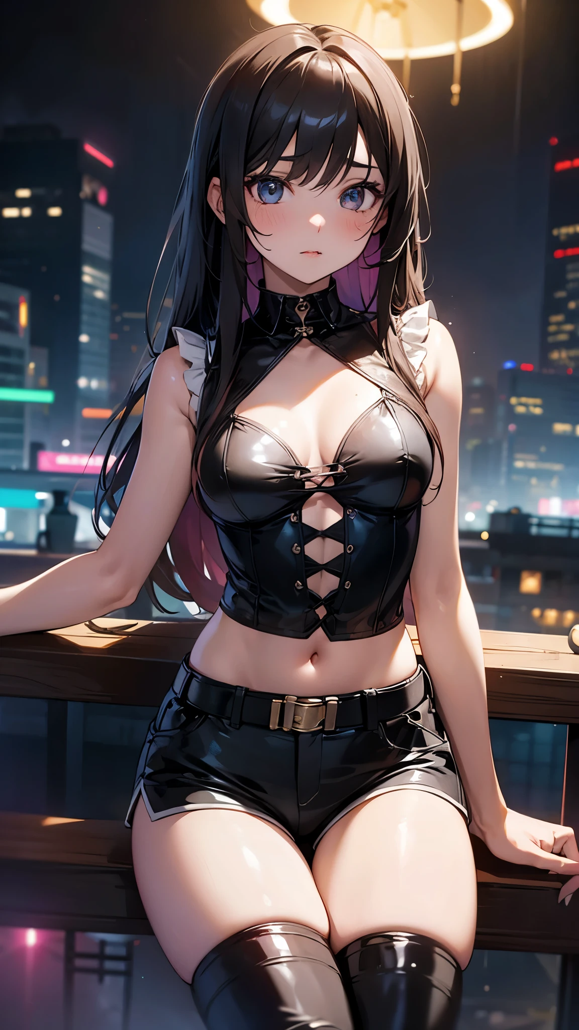1girl, shiny skin, Gothic girl, leaning on objects, dark hair, fishing net shirts, treble shorts, O -type circles, high thighs, platform boots, long hair, small breasts, small breasts, thick tea, nose, nose, nose, nose, nose, nose, nose , Shin skin, side chest, side chest, breasts, breasts except viewing the audience, low -key, neon lights, wheel lighting, furniture,