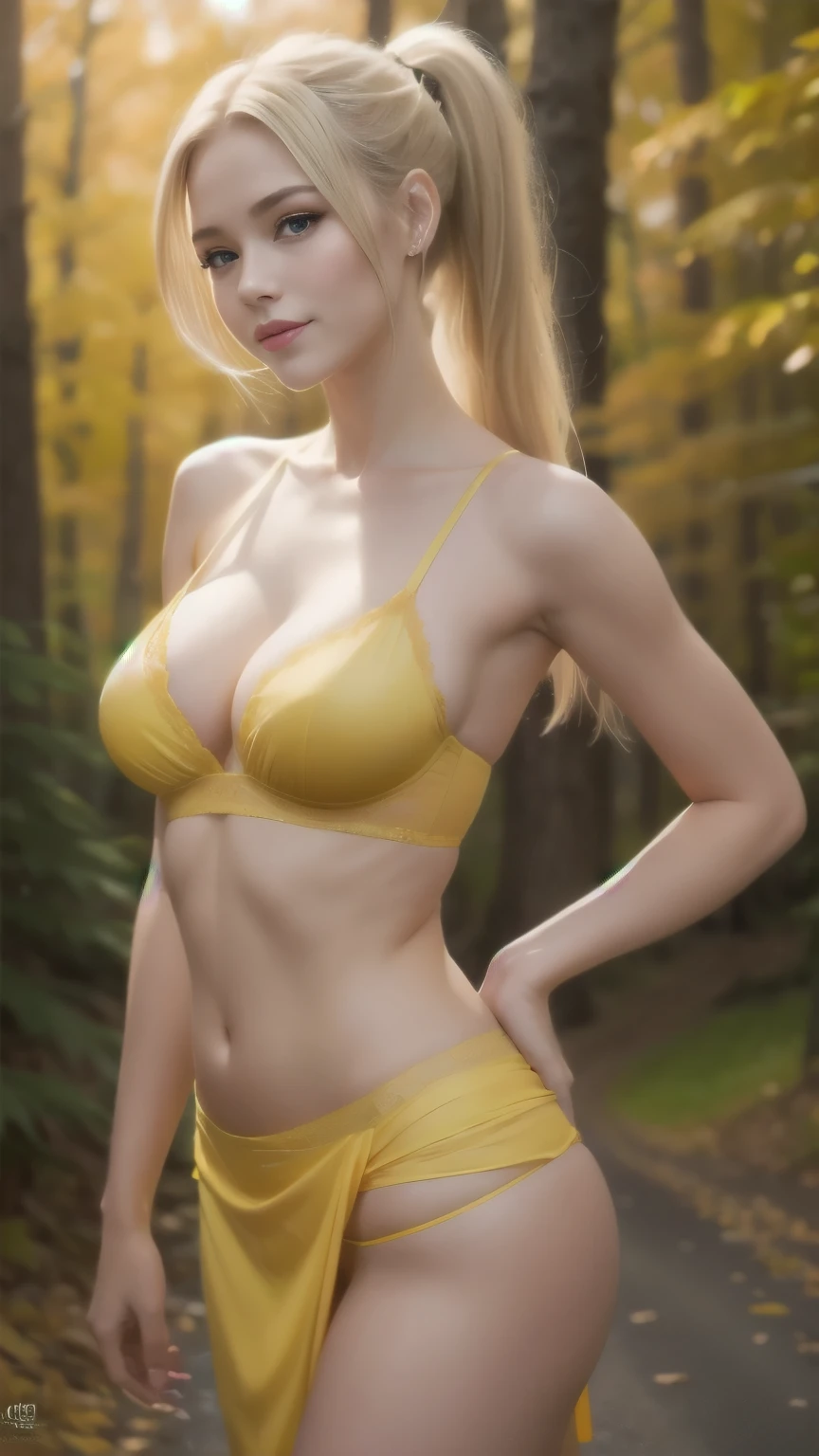 Realistic, Blonde Hair, Ponytail, Big, Makeup, Evil Smile, Shy, Surrealism, Large Body Size, High Detail, Depth of Field, Cinematic Lighting, Reflected Light, Bright Light, UHD, Retina, Masterpiece, Detail, Skin texture, super super detailed, high quality, high detail, best quality, award winning, highest. A photo of a sexy Ukrainian girl from the back standing on a winding road between high mountains in the autumn season, wearing stylish lingerie with a yellow neck towel, big breasts and hips. By looking at the obvious cut viewer. Day