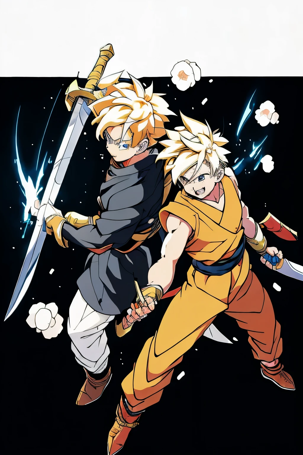Anime boy with blonde hair and black clothes holding a light-bladed sword, he is slightly injured, having just come out of a fight, has an excited smile and a determined look, anime art style, advanced digital anime art, anime boy