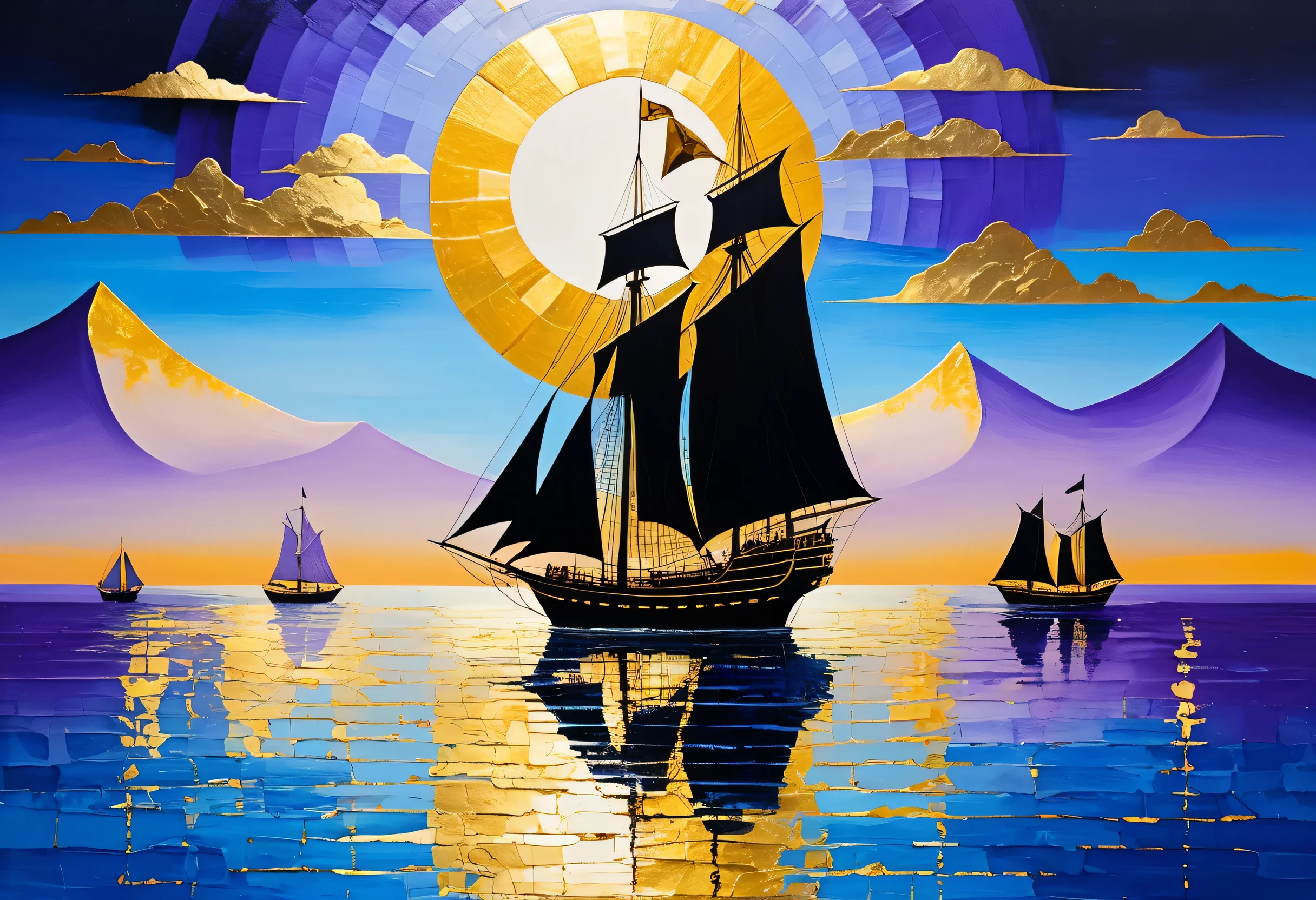 Seascape, combination of black and gold leaf, purple blue background, painting on a blue background, Golden sun in a light blue sky, Golden sails, ship with golden sails, blue sea, distant burrows with illuminated peaks, high resolution, surrealism