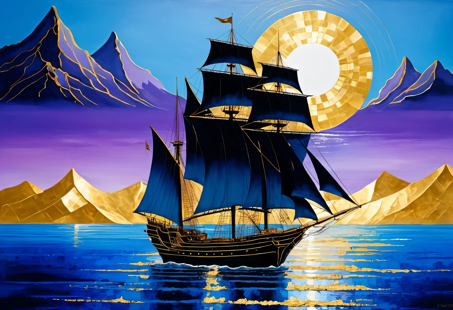 Seascape, combination of black and gold leaf, purple blue background, painting on a blue background, Golden sun in a light blue sky, Golden sails, ship with golden sails, blue sea, distant burrows with illuminated peaks, high resolution, surrealism