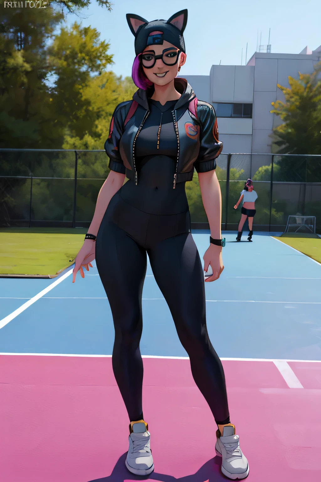 Leggins black lince con chaqueta negra con gris, piernas cruzadas, tenis converse, sonriendo, guantes sin dedos con gafas, de espaldas