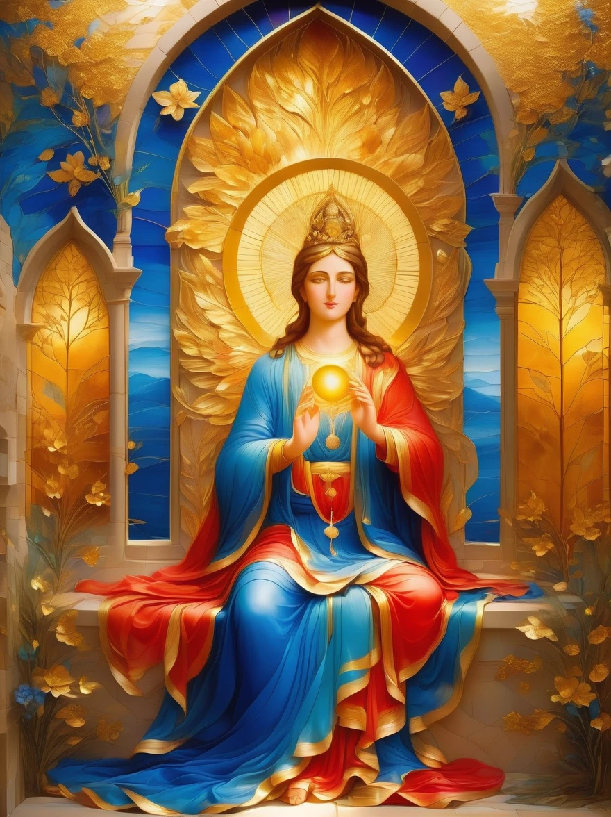 (Gold Leaf Art:1.6), Intricately designed gold leaf art glass windows，Full of red，blue，and golden hues，Gold leaf art brings religious imagery to life，The windows are bathed in soft golden sunlight，Create an ethereal atmosphere around，The presence of figures and the delicate brushwork further enhance the beauty of the composition.