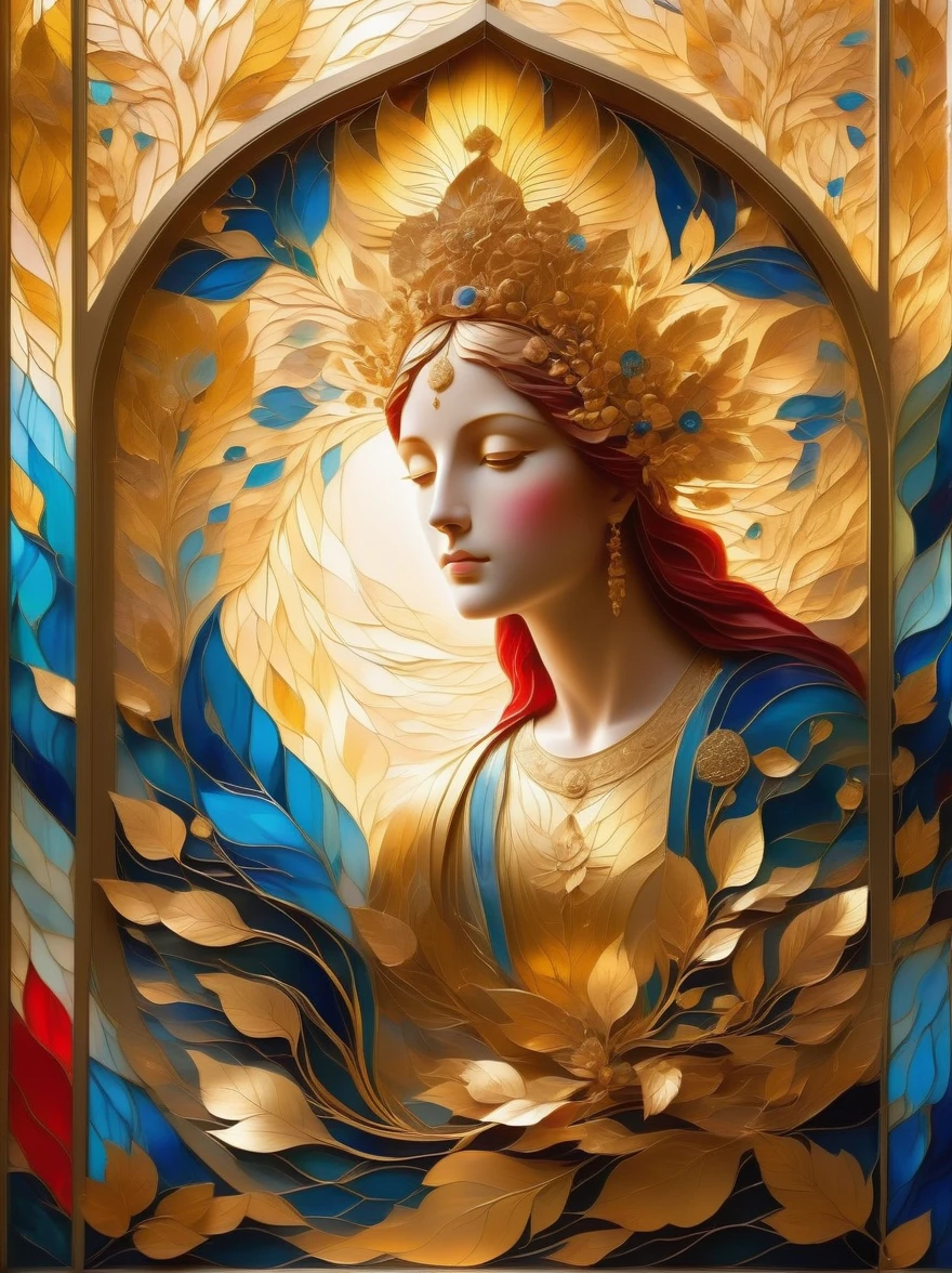 (Gold Leaf Art:1.6), Intricately designed gold leaf art glass windows，Full of red，blue，and golden hues，Gold leaf art brings religious imagery to life，The windows are bathed in soft golden sunlight，Create an ethereal atmosphere around，The presence of figures and the delicate brushwork further enhance the beauty of the composition.