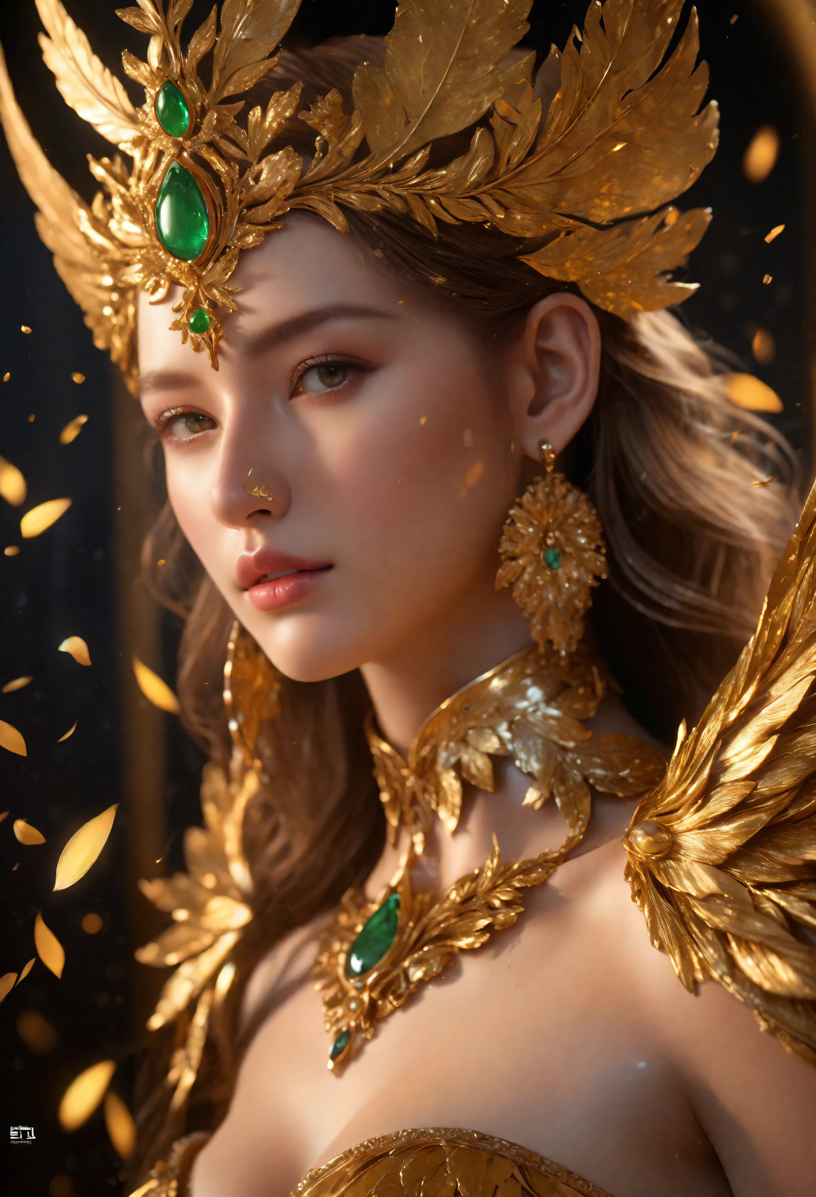 ((Masterpiece in maximum 16K resolution):1.6), ((Gold leaf art illustration:)1.5), ((Gold Leaf Art):1.4), ((Wide angle painting):1.2) | ((Gold leaf art of beautiful female illustratition:1.5), ((Supermodel beauty with aquiline nose):1.6), (Award winning art), ((sense of desire):1.1), (shimmer), (visual experience), (Realism), (Realistic), award-winning graphics, dark shot, film grain, extremely detailed, Digital Art, rtx, Unreal Engine, scene concept anti glare effect, All captured with sharp focus. Rendered in ultra-high definition with UHD and retina quality, this masterpiece ensures anatomical correctness and textured skin with super detail. With a focus on high quality and accuracy, this award-winning portrayal captures every nuance in stunning 16k resolution, immersing viewers in its lifelike depiction. Avoid extreme angles or exaggerated expressions to maintain realism. ((perfect_composition, perfect_design, perfect_layout, perfect_detail, ultra_detailed)), ((enhance_all, fix_everything)), More Detail, Enhance.