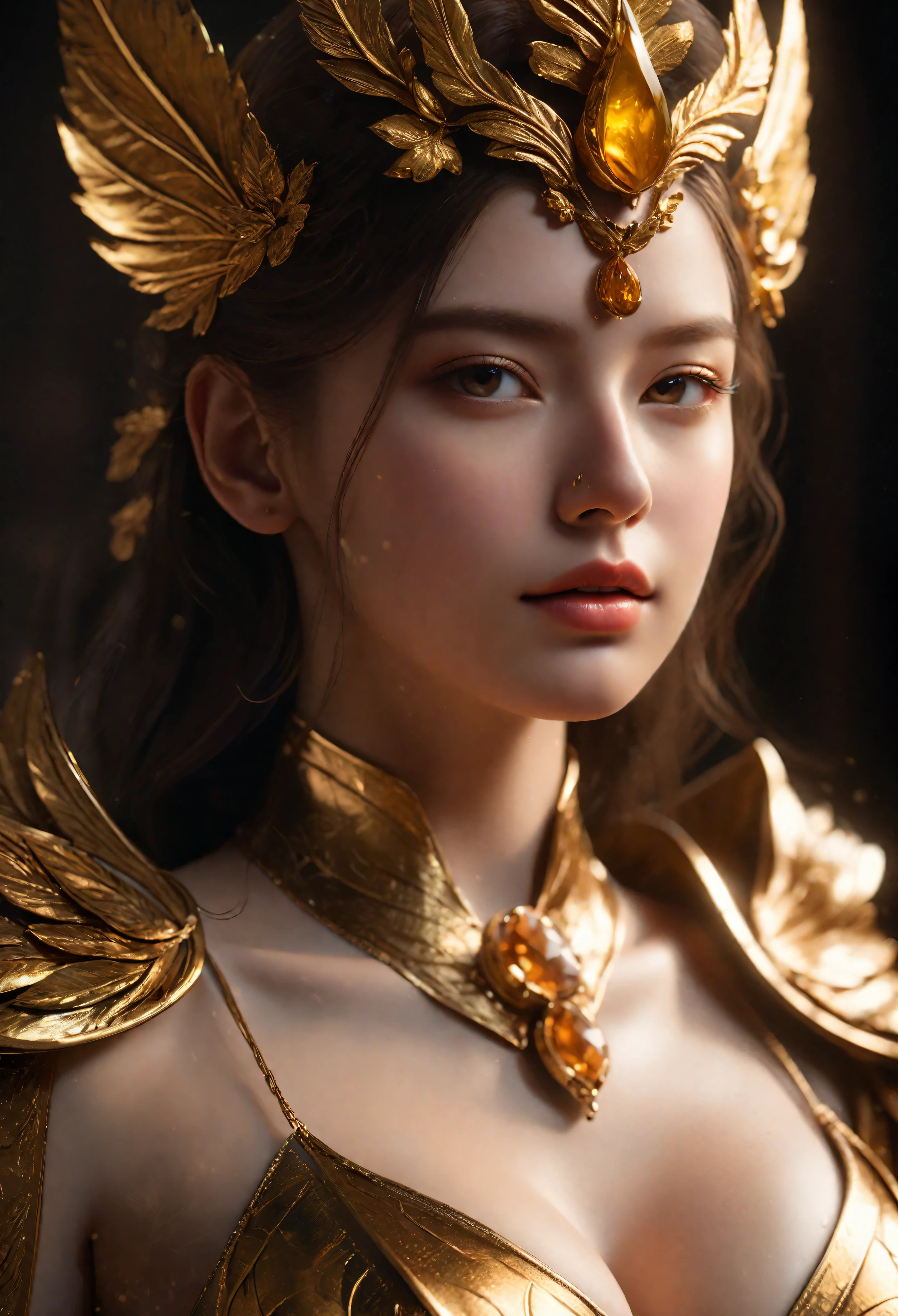 ((Masterpiece in maximum 16K resolution):1.6), ((Gold leaf art illustration:)1.5), ((Gold Leaf Art):1.4), ((Wide angle painting):1.2) | ((Gold leaf art of beautiful female illustratition:1.5), ((Supermodel beauty with aquiline nose):1.6), (Award winning art), ((sense of desire):1.1), (shimmer), (visual experience), (Realism), (Realistic), award-winning graphics, dark shot, film grain, extremely detailed, Digital Art, rtx, Unreal Engine, scene concept anti glare effect, All captured with sharp focus. Rendered in ultra-high definition with UHD and retina quality, this masterpiece ensures anatomical correctness and textured skin with super detail. With a focus on high quality and accuracy, this award-winning portrayal captures every nuance in stunning 16k resolution, immersing viewers in its lifelike depiction. Avoid extreme angles or exaggerated expressions to maintain realism. ((perfect_composition, perfect_design, perfect_layout, perfect_detail, ultra_detailed)), ((enhance_all, fix_everything)), More Detail, Enhance.
