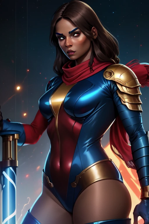 Khamala, brown eyes, dark brown hair,lips, standing, upper body, 
KhanSuit,blue domino mask, red scarf,  tight red and blue bodysuit with gold trim, blue footwear, gold bangle, 
 laboratory,   battle damage, 
 (insanely detailed, beautiful detailed face, masterpiece, best quality)    