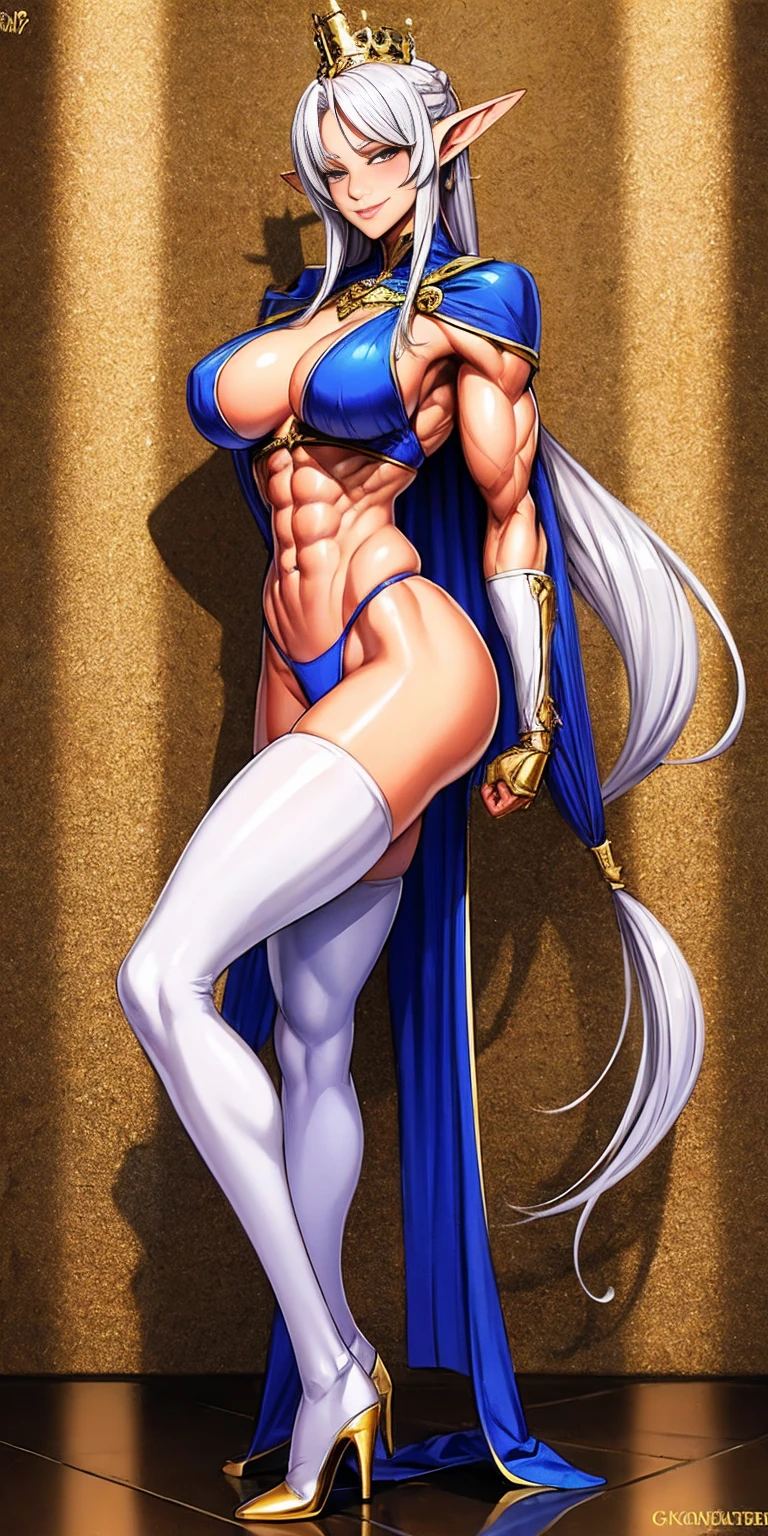 extremely long hair, ponytail, perfect anatomy 1 girl tall solo, slim thick, ((muscular)) high elf toned body, silver breast plate, blue cape, slendered abs, hourglass waist, detailed face, defined cheekbones, puffy lips, gauntlets, gold crown, shadow over eyes, looking at viewer, masterpiece, white thigh highs lingerie, lustful smirking smile face red blushed red cheeks, 2 high heels feet together