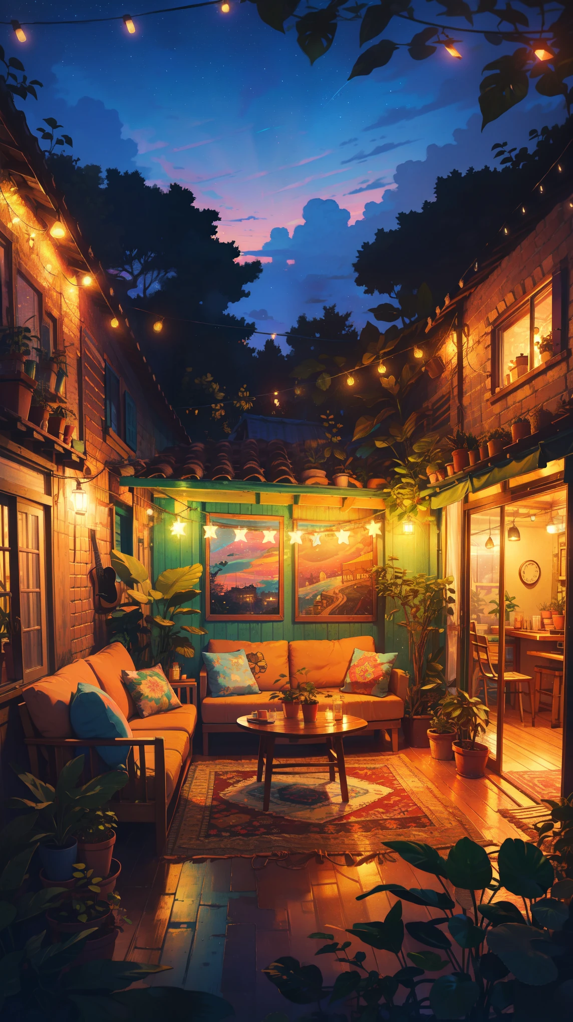 wide view, cozy terrace, sofa, orange string lights, leafy tropical plant pots, gypsy aesthetics, starry pink blue sky, earthy tones, colorful string lights, guitar, shed, boho carpet, decorations, cozy atmosphere, night time, micro landscape, intrinsic details