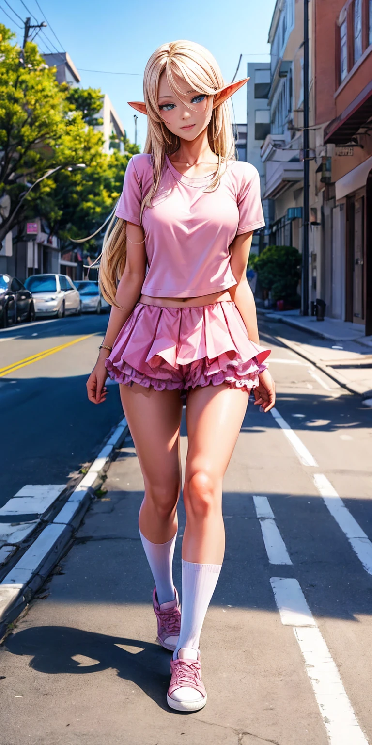 red short hair, (((braids))), fringe, bangs, smiling, hands joined, ((((upskirt))), ((white dress)), looking back, (((pink panties)),sfw