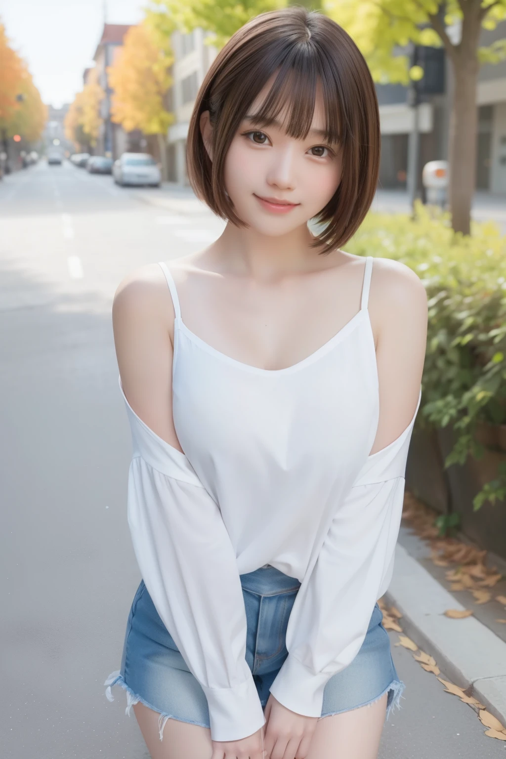 1girl, facing the camera with a captivating smile, showcasing naturally beautiful skin textures and realistic eyes, dressed in a top-quality sailor  with a white blouse revealing a hint of cleavage and short denim skirt exposing her slender legs. Her wavy bob cut falls softly around her shoulders, framing her kawaii faces with bangs swaying lightly. The scene is set against the backdrop of a crowded city street during sunset, with colored leaves falling gently from the trees, creating a film-like grain effect. The image is a masterpiece of ultra-high resolution and highly detailed photography, capturing every minute detail from her perfect teeth alignment to her imperfect