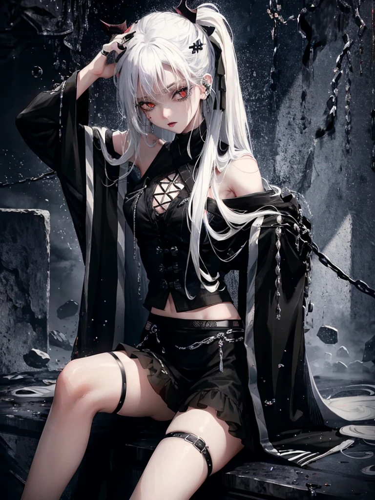 Masterpiece, best quality, high quality, ultra detailed, 1girl, looking at viewer, white hair, gray eyes, black lipstick, black shirt, sitting on a white floor, demon girl, gothcore, 1 3 -  - old,th girl, japanese gothic, gothic punk style, black metal style, hands on head,.yurikiss、Girl kissing girl、red eyes、