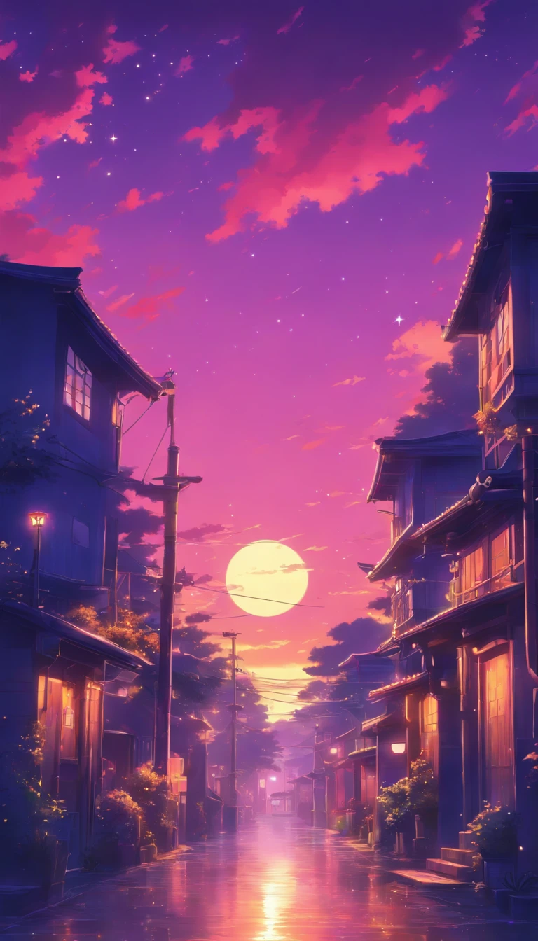 Sunset night in a rural town, focus up in the sky, purple color palette, flat color, flat art illustration, without realistic texture, no realistic texture, no detailed textures, stars in the sky, moon in the sky, illustration for Smartphone background screens, lock screen wallpaper, minimalist lock screen, simple illustration, minimal, minimalist design, flat illustration, 