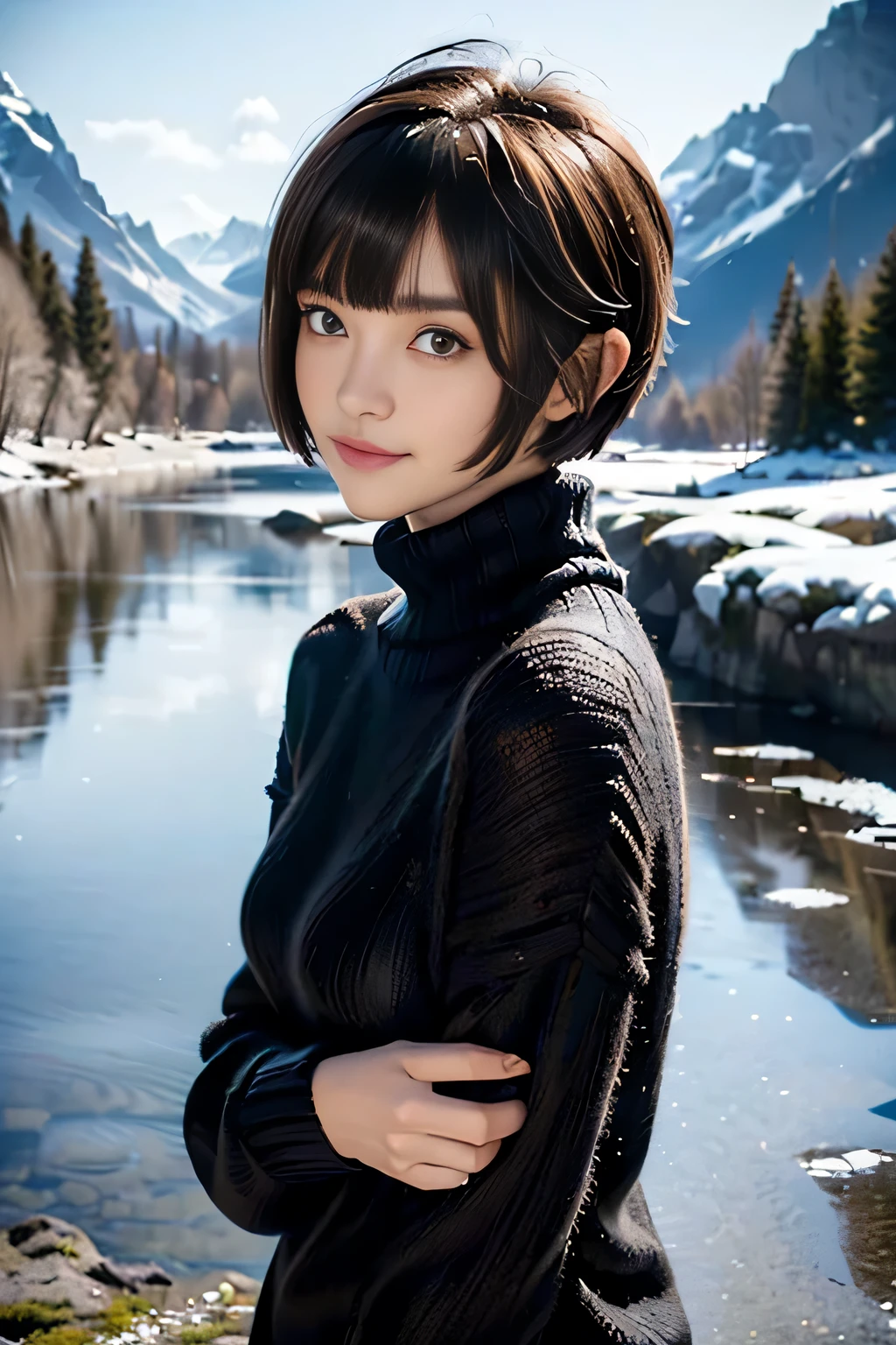 ♥((black long knit sweater)),((1girl,cute,young,pixie cut beautiful brown hair,blunt bangs,beautiful eyes)),(solo), ((realistic:1.5,Beautiful girl RAW photo)),(looking at the viewer), innocent smile,cinematic lighting and pause,beautiful icy lake and mountains,flowers,trees,snow,blue sky
