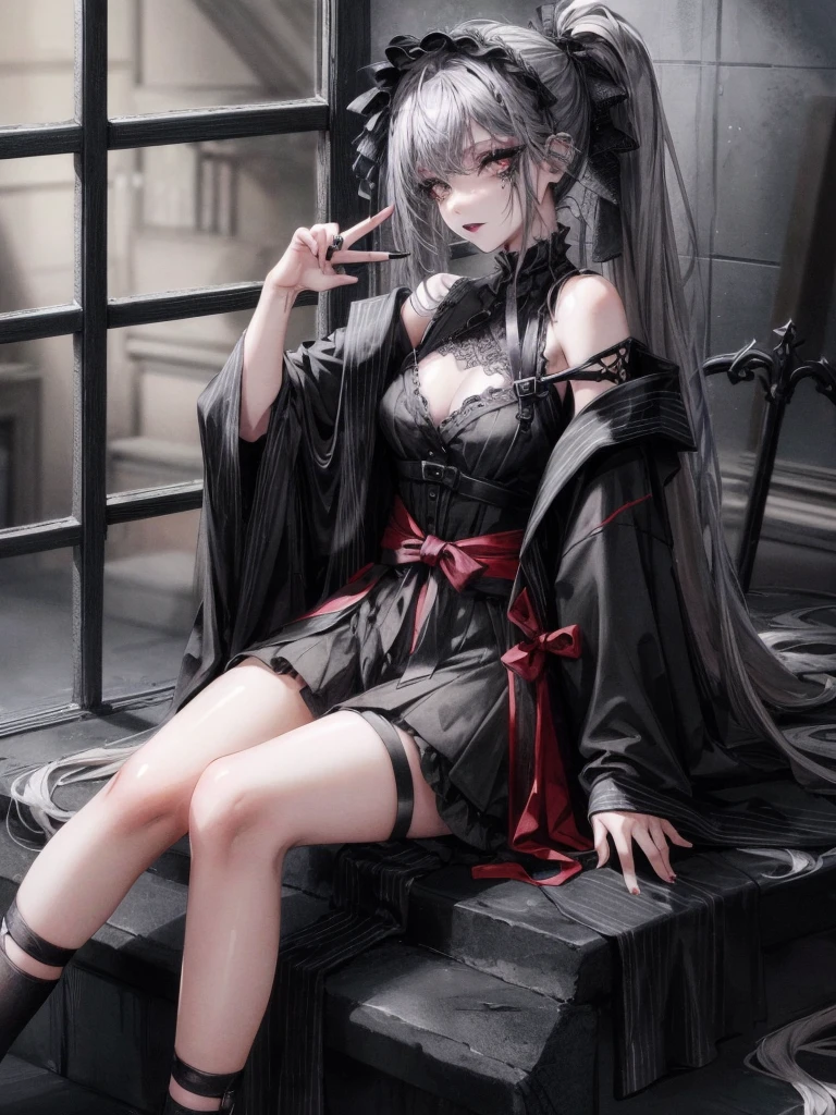 masterpiece, 最high quality, high quality, super detailed, 1 girl, looking at the viewer, gray hair, gray eyes, Black lipstick, black shirt, Sitting on a white floor, devil girl, Goscoax, 1 7 years old, goth girl, japanese gothic, gothic punk style, Black Metal Style, put your hand on your head