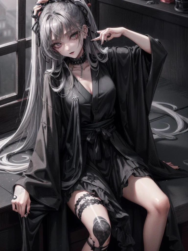 masterpiece, 最high quality, high quality, super detailed, 1 girl, looking at the viewer, gray hair, gray eyes, Black lipstick, black shirt, Sitting on a white floor, devil girl, Goscoax, 1 7 , goth girl, japanese gothic, gothic punk style, Black Metal Style, put your hand on your head