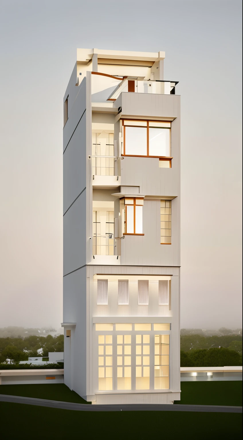 arafed building with a balcony and a balcony on the top of it, elevation view, front elevation view, rendered 3d model, realistic building, multistory building, pre-rendered, rendered, 3d rendered model, front-view, all white render, tall thin build, 3/4 view from below, frontview, 3d rendering, 3 d rendering