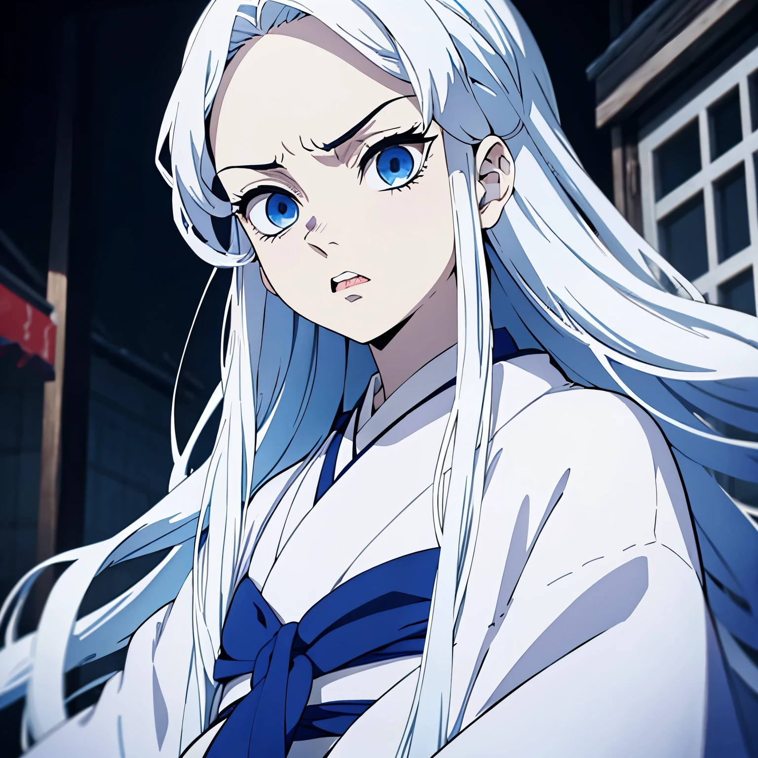 1 girl, blue eyes, White hair, (long straight hair), beautiful girl, kimono, little bit angry, face focus, opened mouth