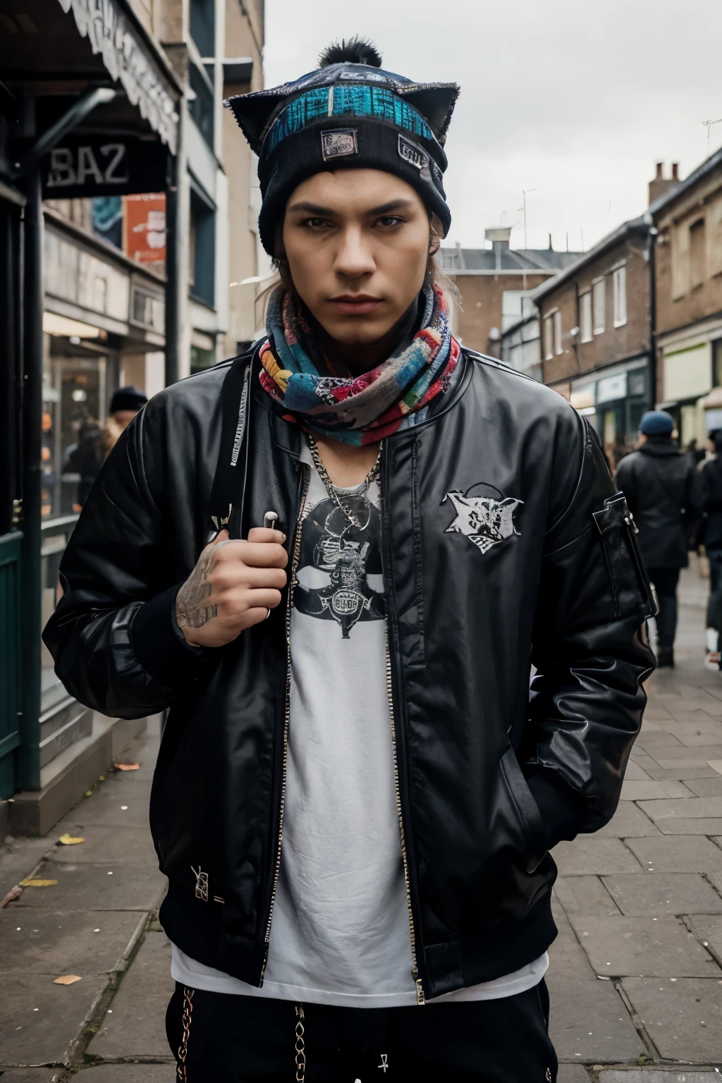 Painting of cat in hat and scarf, trendy in art station, punk dressed, detailed hyper-realistic rendering, British gang members, street style, intimidating pose, planet of cats, trendy clothes, urban samurai, meow, western slavic features, 8 1 5