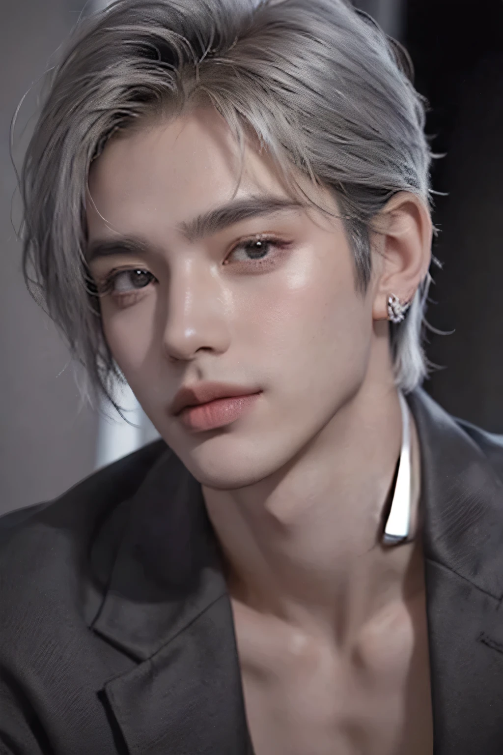 ((highest quality, 8K, masterpiece: 1.3)),Handsome host boy:1.5, 20-year-old、Delinquent boy、 Upper body、belt、well-groomed face, silver hair color、thin face、Confident visuals、Gucci belt、(white skin:1.5)、Look straight at me with your eyes looking up、Bad smile、hand near face、silver eyes、boy with makeup、Super handsome、Extra-fine face, handsome nose, small eyes and face, beautiful lighting, High resolution, detailed mouth, smile, whole body: 1.5, perfect body shape、slim,Midial Hair、pointed hair set、suit、Chrome Hearts Silver Earrings、Pause