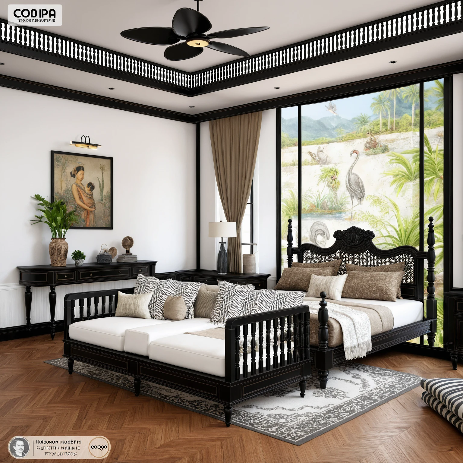 bed room, bench, tab bed, bench bed indochine motif, Indochine pillow pattern, blankets, pillows, (indochine style:1.2), art paint wall, lamp, potted plant, (white wall:1.2), (black wooden furnitures:1.5), interior design, (indochine furniture style), (An Cuong black Wooden Furniture indochine Style), (Black wooden frame decorated with Indochine motif), (An Cuong black wood with MDF surface glued with melamine coating), (architectural interior design visualization), (reflection), (focus on object), (material normal bump real reflection), (scattered light) ((((volumetric light))), (spotlight), (hidden light) (light ray), (multi-beam light), (sunbeam) (multi-level reflection), (grossy wooden floor), {warm led light|4000k|spotlight}, (day sky background), (corona software visualization render:1.2),(((Best Quality))), ((Masterpiece)), ((best illustration)), ((best shadows)), ((Super Detail)), (Intricate lines), (Photorealism),(hyper detail), ((archdaily)), ((award winning design)), (dynamic light), ((day)), (perfect light), (shimering light), ((photorealistic)), ((intricate detail)), ((extreme detail)), ((science)), ((hyper-detail)), ((super detail)), ((super realistic)), ((crazy detail)), ((octane render)), ((Cinematic)), ((trending on artstation)), ((High-fidelity)), ((Viwvid)), ((Crisp)), ((Bright)), ((Stunning)), ((Eye-catching)), ((High-quality)),((Sharp))((Bright)), ((Stunning)), Natural, ((Eye-catching)), ((Illuminating)), ((Flawless)), ((High-quality)),((Sharp edge render)), ((medium soft lighting)), ((photographic render)), ((detailed archviz))
