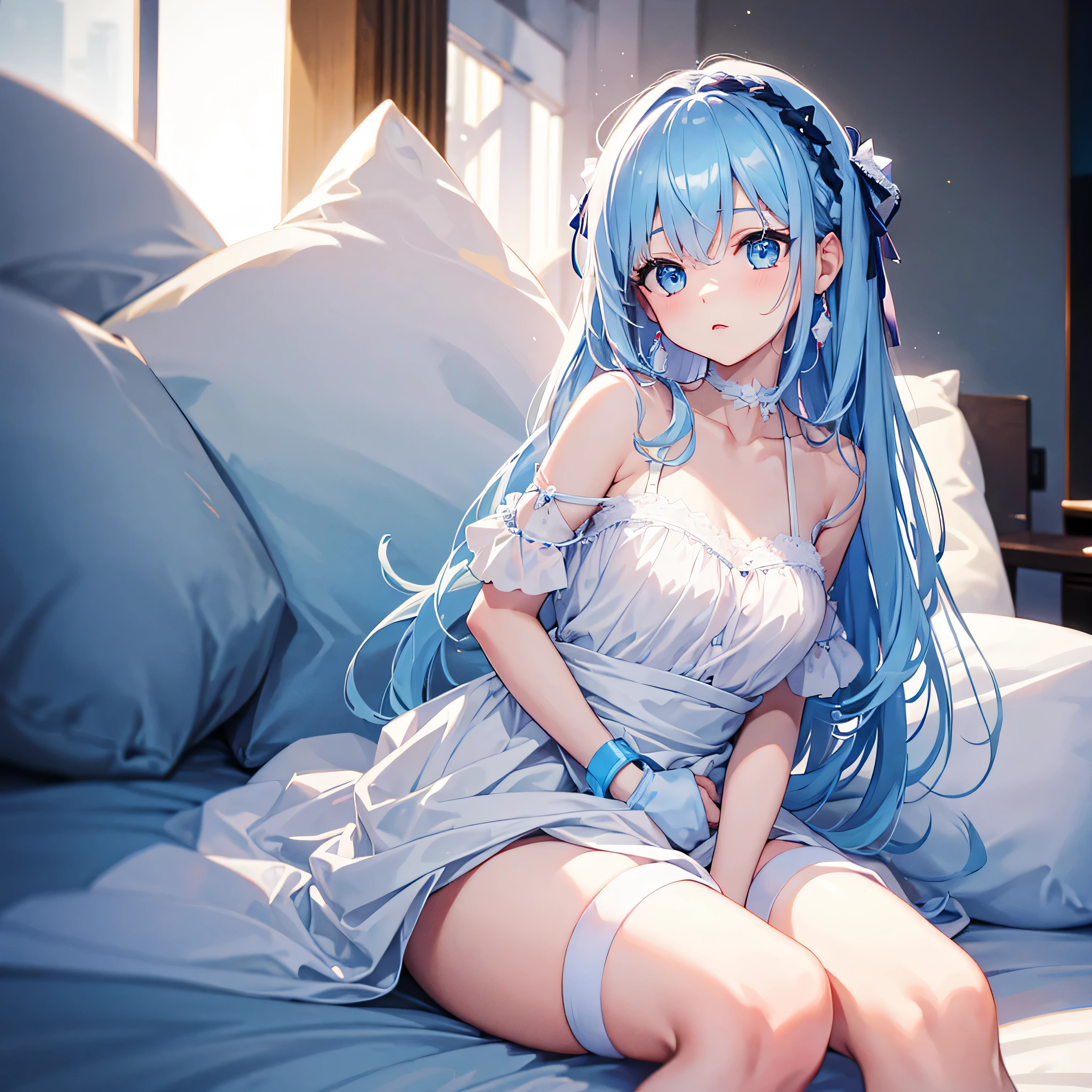 On a very large white bed, white pillows, White light, There is one girl, Sit on the bed, No clothes, White stockings, A blue bow is tied around the waist, There is a blue band on the wrist, blue color eyes, long white hair, Delicate facial features, Beautiful and moving, (Vivid depiction), single braid, chromatic aberration, reflection light, UHD, masterpiece, super detail, high details, best quality